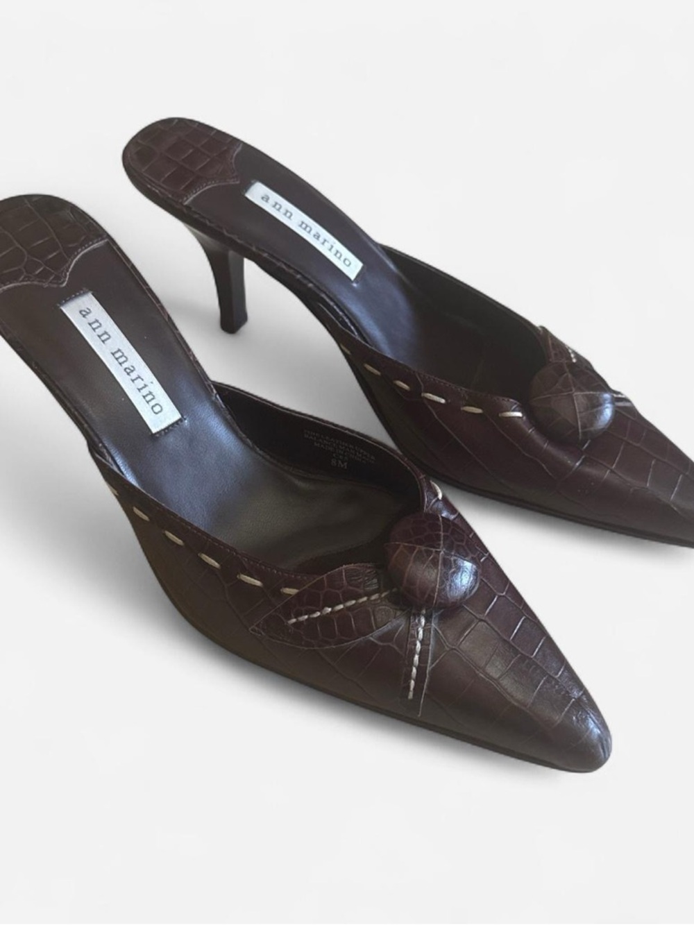 Dark Brown Croc-Embossed Pointed-Toe Mule Heels